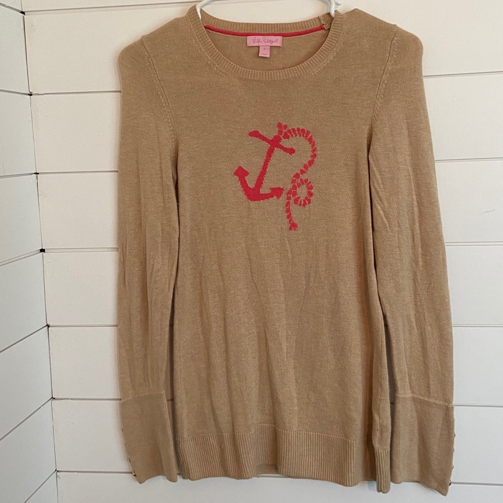 Lily Pulitzer small tan with pink anchor sweater